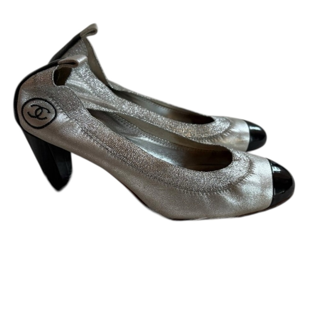 CHANEL Metallic Silver and Black Heels